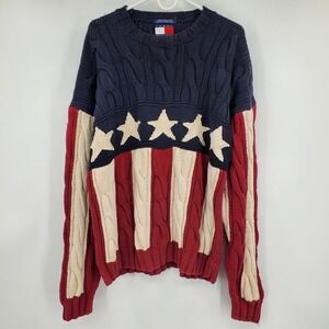 Vintage Tommy Hilfiger American Flag Sweater XL Handknitted Cable Knit Navy 4th